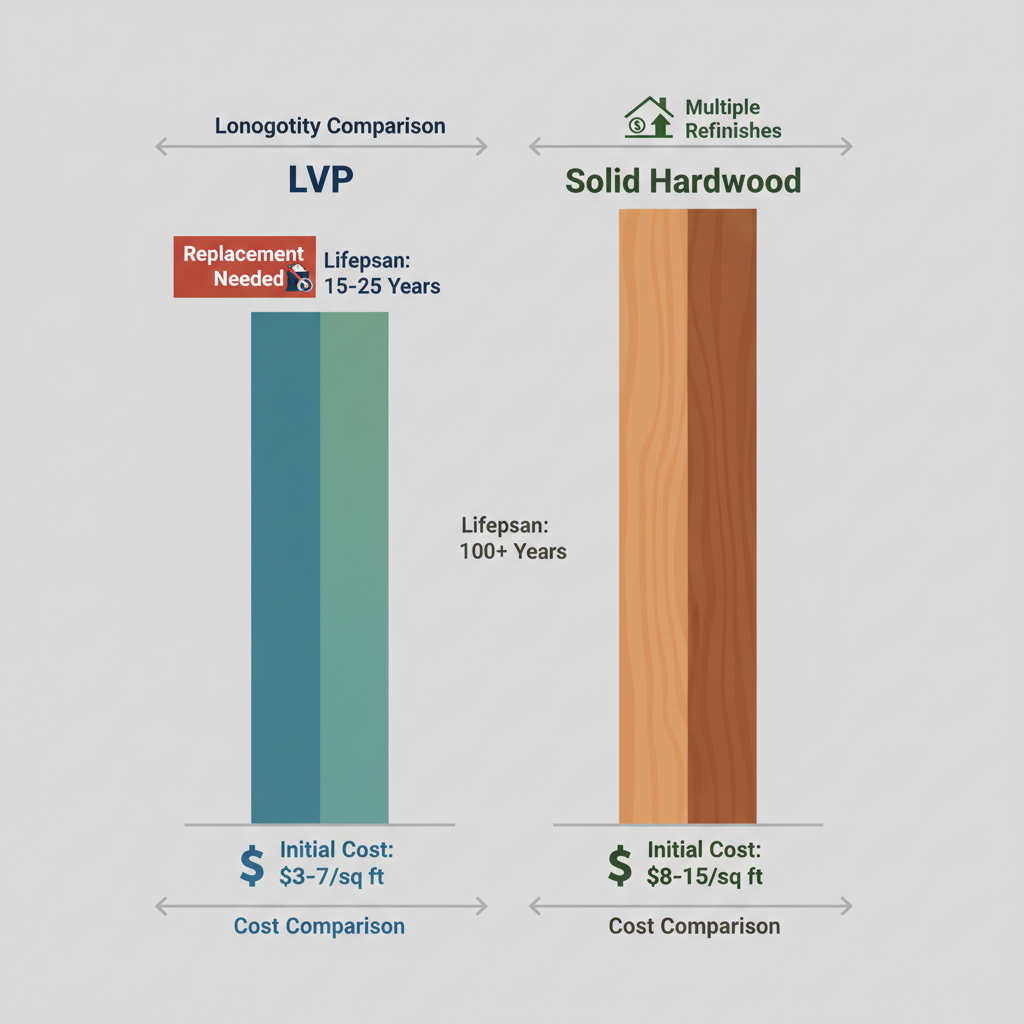 A modern comparative infographic displaying two vertical bars. The 'LVP' bar is shorter, showing a lower initial cost at the bottom, and a lifespan of '15-25 Years' with a 'Replacement Needed' label and a small landfill icon at the top. The 'Solid Hardwood' bar is significantly taller, showing a higher initial cost, a lifespan of '100+ Years' with 'Multiple Refinishes' and a 'Increased Home Value' icon at the top. Use a clean, professional color palette and clear numerical values for costs and lifespans.