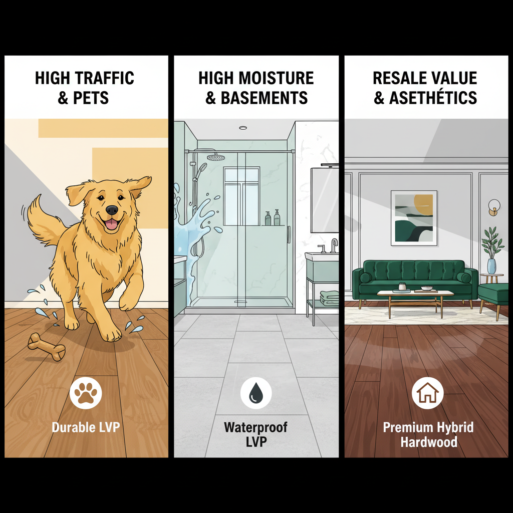 A vibrant, infographic-style composite image or triptych representing different home lifestyle scenarios and suitable flooring. Panel 1: A playful scene with a large, energetic dog running across a durable floor, representing 'High Traffic & Pets'. Panel 2: A modern, clean bathroom interior with water splashes near a shower, representing 'High Moisture & Basements'. Panel 3: An elegant, high-end living room with sophisticated furniture, emphasizing 'Resale Value & Aesthetics'. Each panel should subtly feature the most appropriate flooring type (LVP for moisture/pets, Hybrid Hardwood for aesthetics/resale) while maintaining a cohesive, illustrative style.