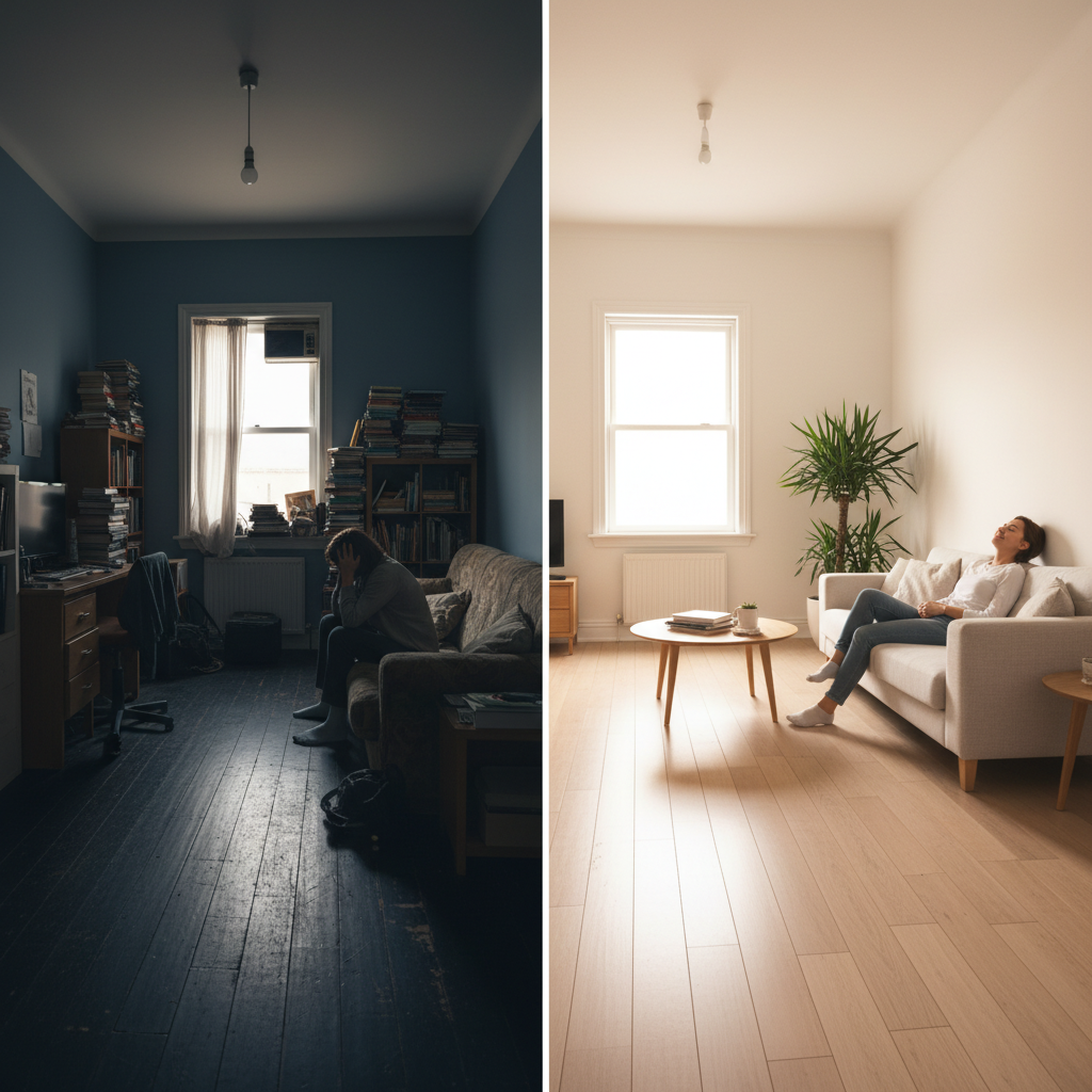 A split image showing a cramped, dark room on the left with a stressed person, and the same room transformed into a bright, spacious area with light Bravewood hybrid hardwood flooring and a relaxed person on the right.