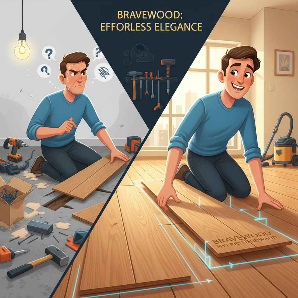 A split-screen or multi-panel illustration depicting the transformation of a flooring project. On one side, a homeowner looks stressed amidst messy tools and uneven planks, representing the anxiety of a botched DIY job. On the other side, the same homeowner, now confident and precise, is laying down perfect Bravewood hybrid hardwood planks in a clean, well-organized space, guided by glowing 'blueprint' lines on the floor. The final result in the background is a flawless, high-end hardwood floor. Style: modern, vibrant, illustrative, with a sense of accomplishment.