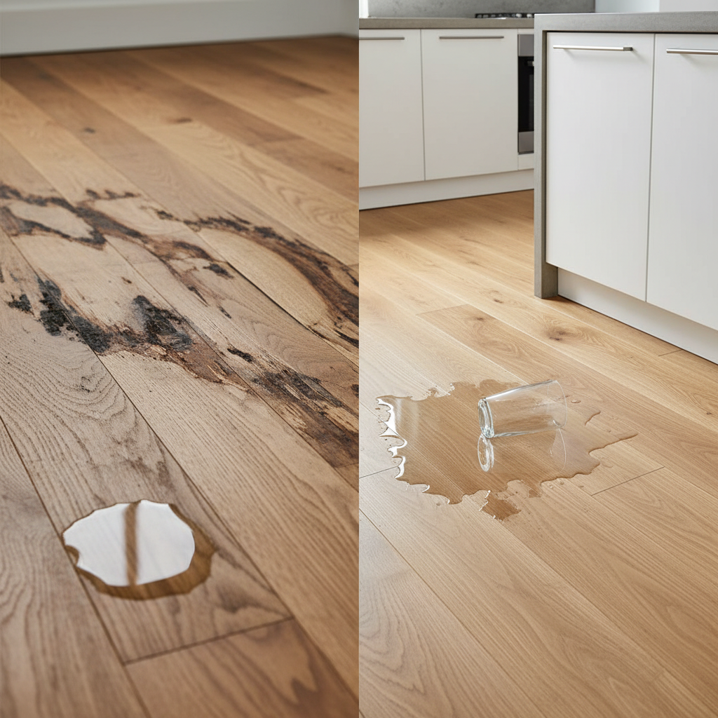 A split-scene image showing on the left, severely water-damaged traditional hardwood flooring, and on the right, pristine hybrid hardwood flooring unaffected by a spilled glass of water, illustrating durability and elegance.