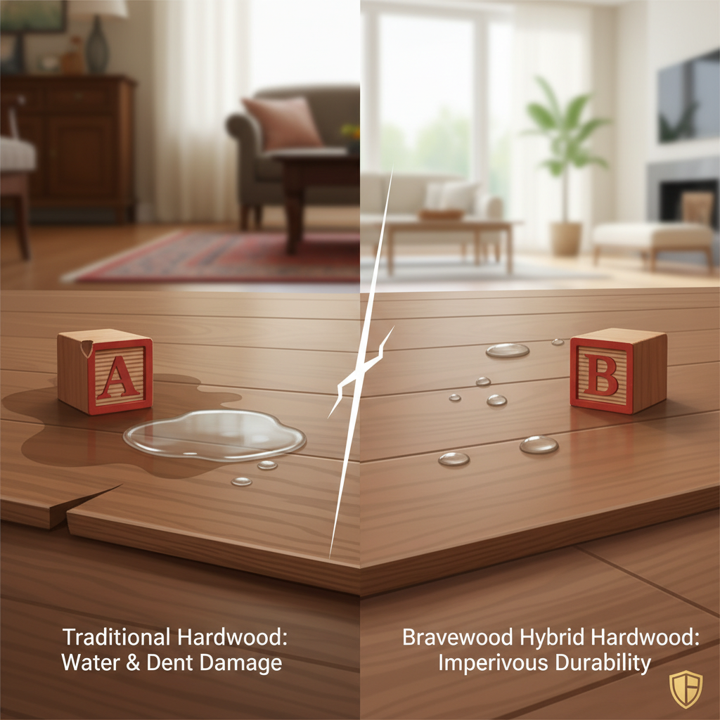 A split-scene illustration demonstrating durability. On the left, a solid hardwood floor plank shows signs of water damage: cupping edges, slight discoloration, and a small puddle of water. A child's toy block lies nearby with a visible dent mark on the wood. On the right, a Bravewood hybrid hardwood plank looks pristine, with water beading on its surface and a child's toy block resting on it without leaving a mark. The style should be realistic yet slightly stylized, emphasizing the contrast.