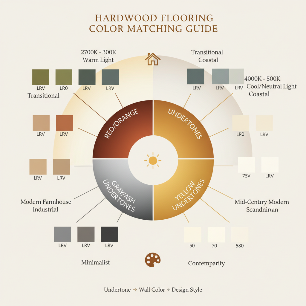 Infographic of a color wheel showing hardwood undertones paired with complementary wall colors and interior design styles.