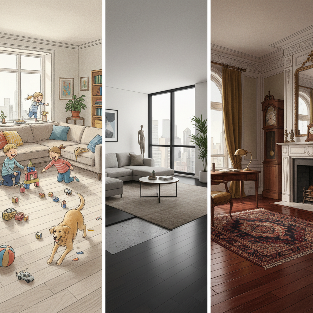 A triptych (three-panel) illustration, each panel representing a different home scenario. Panel 1 (Busy Family): A vibrant scene with kids playing and a dog running on a durable-looking hybrid floor, showing resilience to everyday chaos. Panel 2 (Modern Condo): A sleek, minimalist apartment with a concrete subfloor visible in a corner, featuring a seamlessly installed hybrid floor. Panel 3 (Historic Home): An elegant, classic room with intricate wooden trim, showcasing a rich, authentic solid hardwood floor. The overall style should be warm, inviting, and slightly illustrative, clearly distinguishing the environments and flooring types.