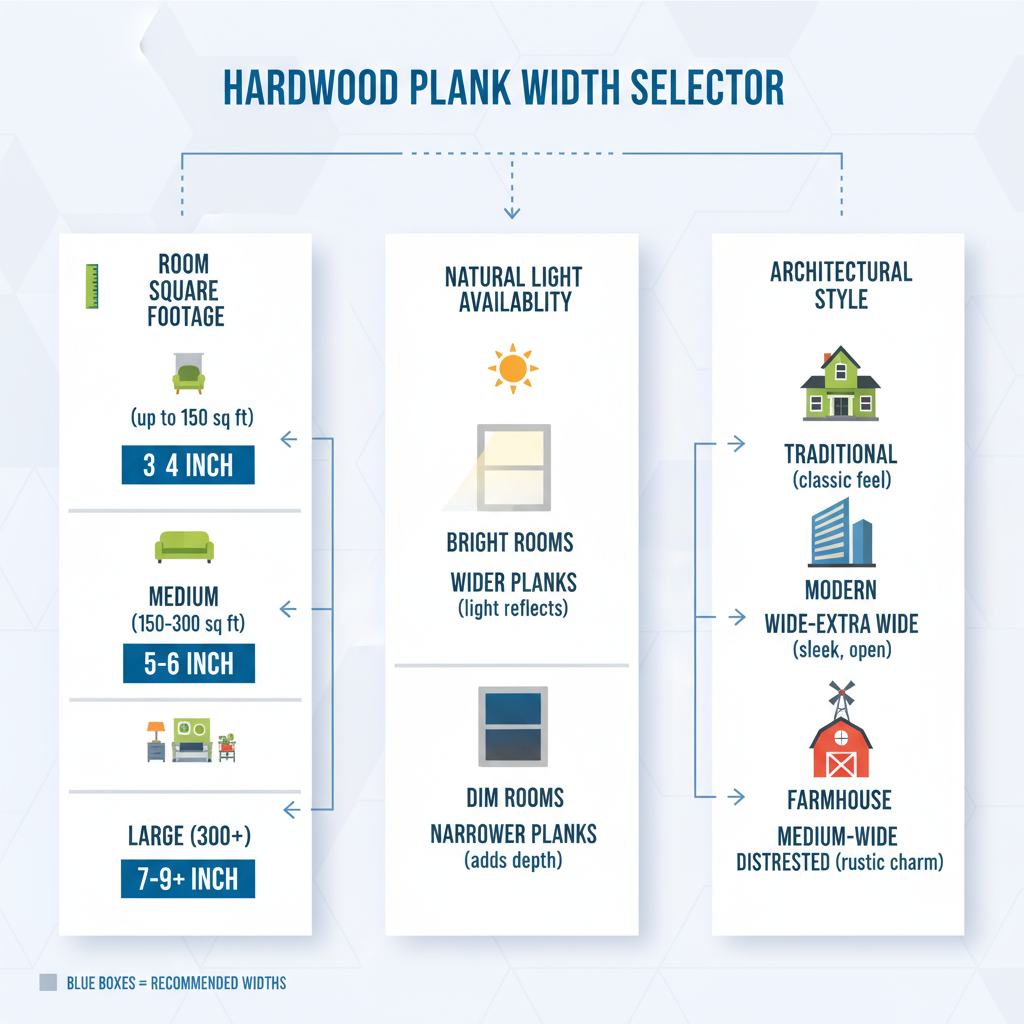 An infographic decision matrix for choosing hardwood plank width, considering room square footage, natural light availability, and architectural style with visual examples.