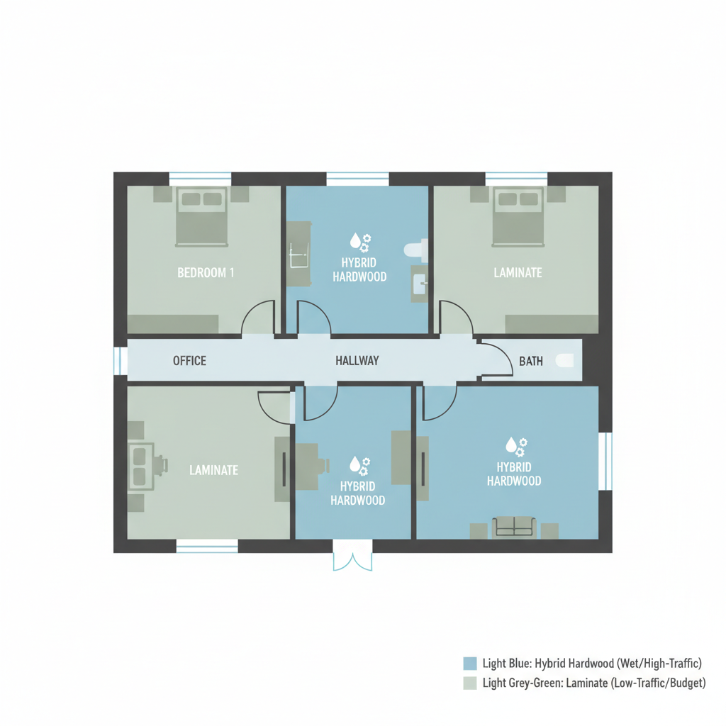 An illustrative, top-down schematic of a modern house floor plan, divided into distinct rooms (e.g., kitchen, bathroom, living room, bedroom). Each room is color-coded or icon-labeled to suggest the optimal flooring choice: 'Hybrid Hardwood' for wet areas (kitchen, bathroom) and high-traffic living spaces, and 'Laminate' for bedrooms or lower-traffic areas where budget is key. Include small, subtle icons within each room representing its function (e.g., a sink for the kitchen, a sofa for the living room).