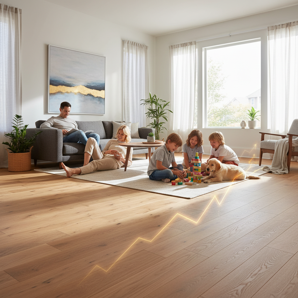 A warm, inviting living room with a family enjoying a beautiful hybrid hardwood floor, symbolizing increased home value and ergonomic comfort.