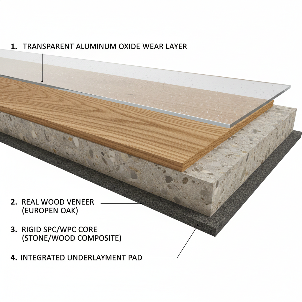 Detailed 3D cross-section of a hybrid hardwood plank, showing and labeling the wear layer, real wood veneer, SPC/WPC rigid core, and attached underlayment pad.