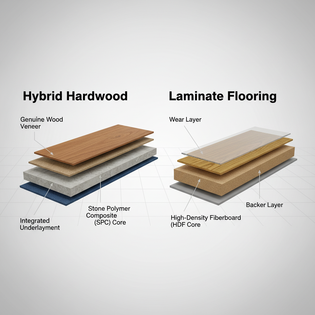 A detailed, scientific cross-section illustration of two flooring planks side-by-side. The left plank is labeled 'Hybrid Hardwood' and clearly shows a thin, genuine wood veneer on top, followed by a thick, rigid Stone Polymer Composite (SPC) core, and a thin underlayment at the bottom. The right plank is labeled 'Laminate Flooring' and shows a clear wear layer, a high-definition photographic layer mimicking wood grain, and a thick High-Density Fiberboard (HDF) core. Each layer should be distinctly colored and labeled.