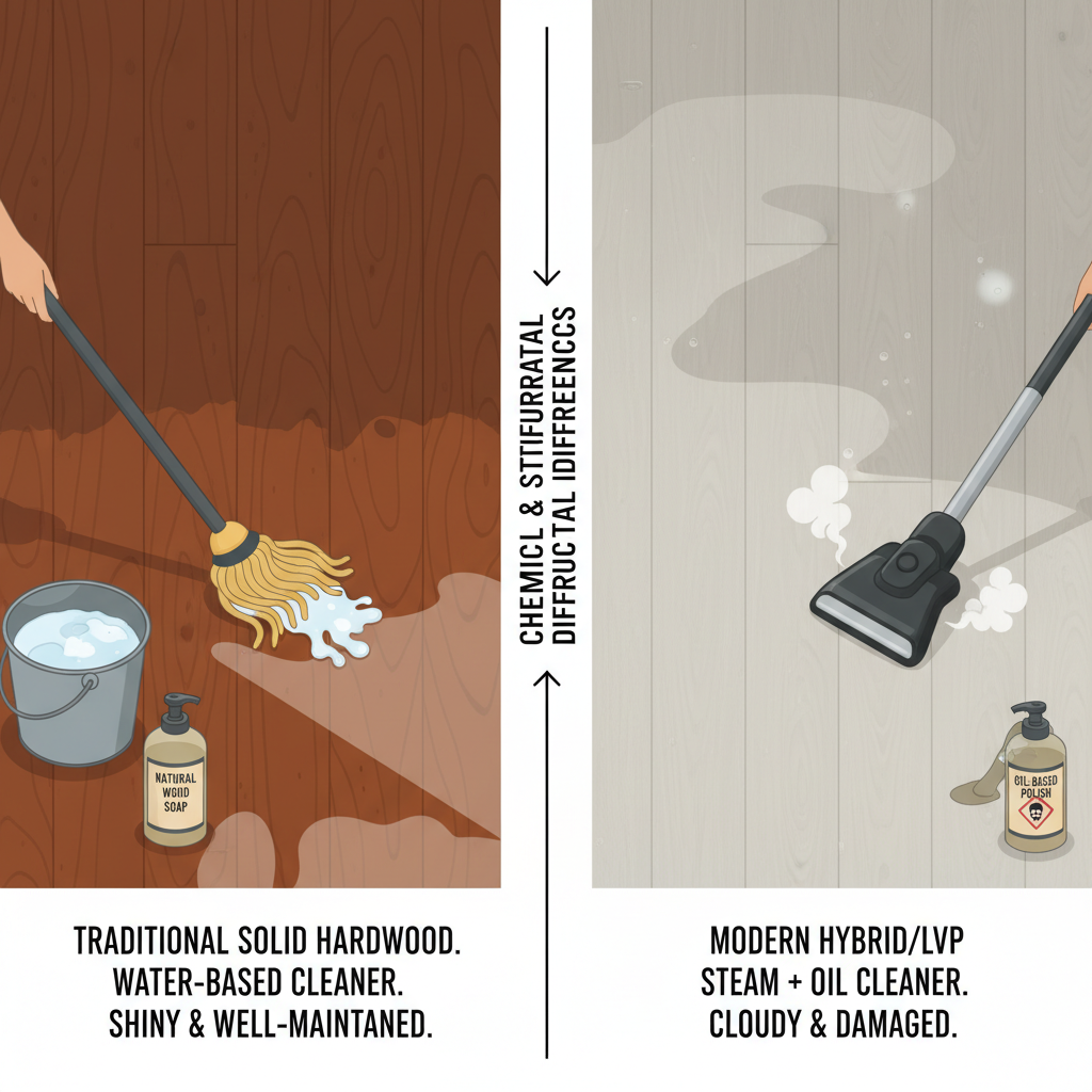 Illustration contrasting traditional hardwood cleaning with a string mop versus incorrect hybrid floor care with a steam mop causing damage.