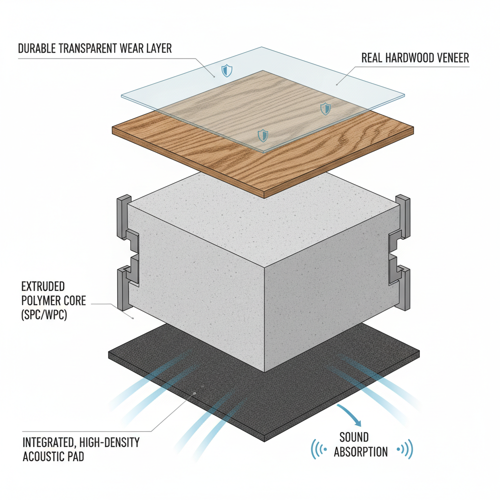 Detailed exploded cross-section diagram of a Bravewood hybrid hardwood plank showing its multiple layers: wear layer, hardwood veneer, polymer core, and integrated acoustic pad.