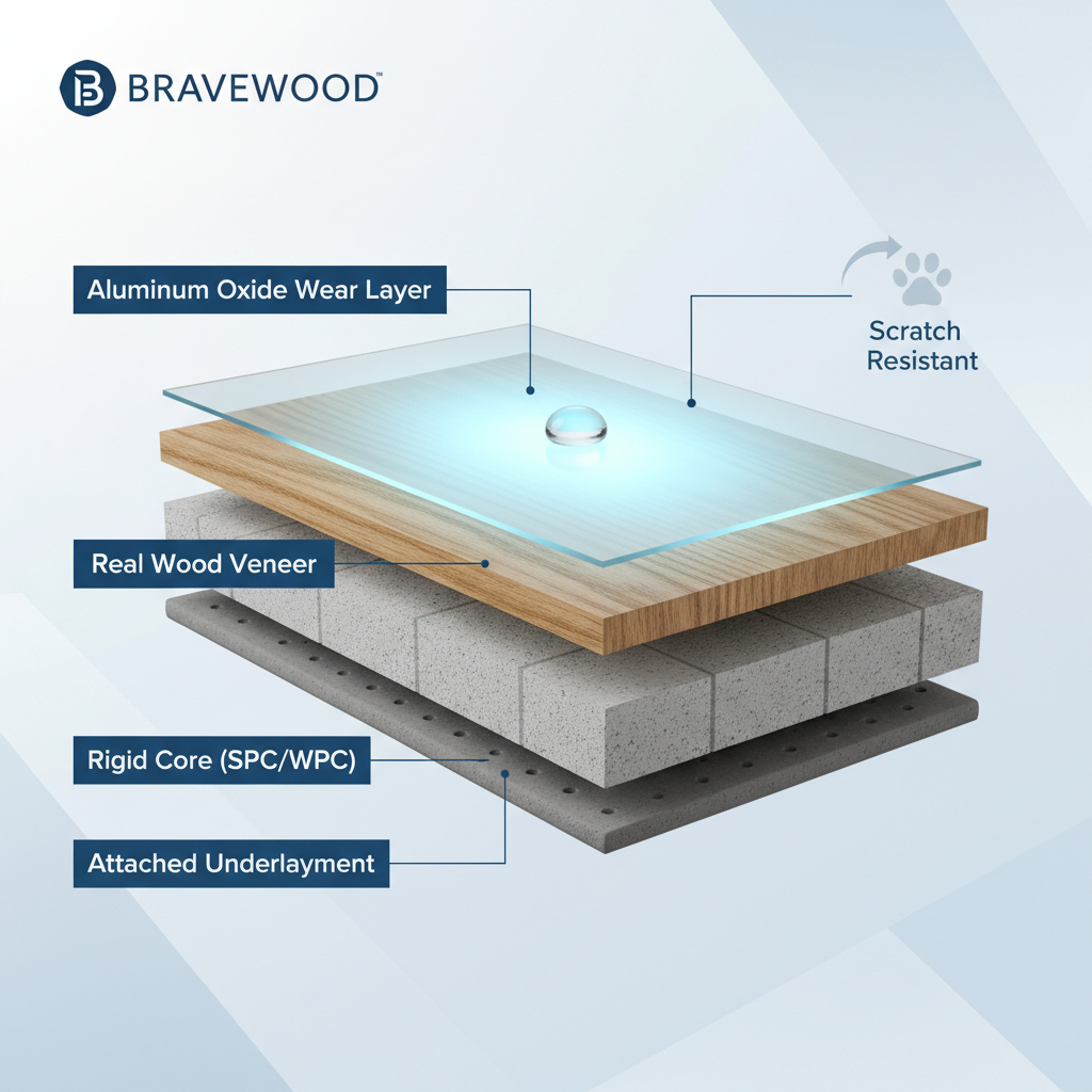 A detailed, clean cross-section diagram of a Bravewood hybrid hardwood plank. Clearly label the distinct layers: a thin, glowing 'Aluminum Oxide Wear Layer' on top, followed by a 'Real Wood Veneer', then a thick 'Rigid Core (SPC/WPC)', and finally an 'Attached Underlayment' at the bottom. Show a small droplet of water beading perfectly on the top wear layer, and a subtle, stylized paw print indicating scratch resistance.