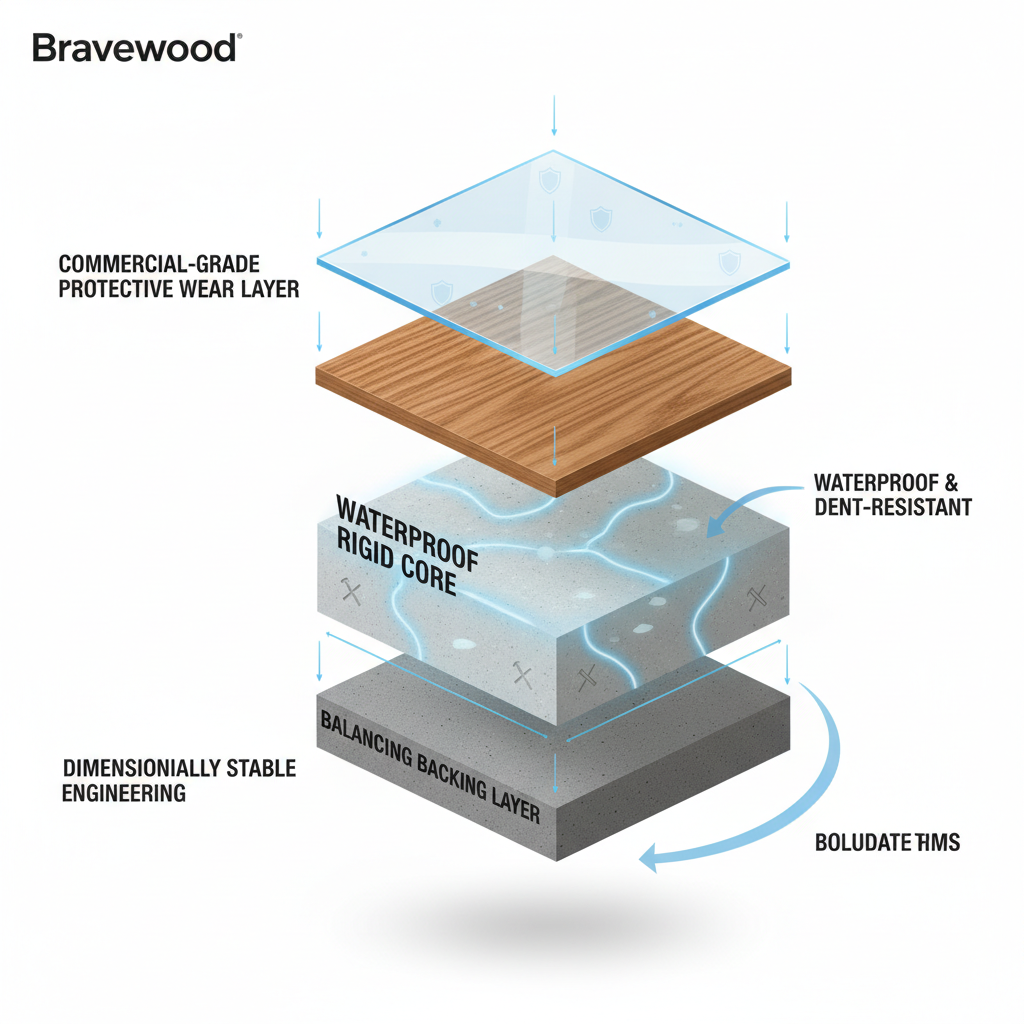 A detailed, exploded cross-section view of a Bravewood hybrid hardwood plank showing its layers: wear layer, wood veneer, waterproof rigid core, and backing layer.
