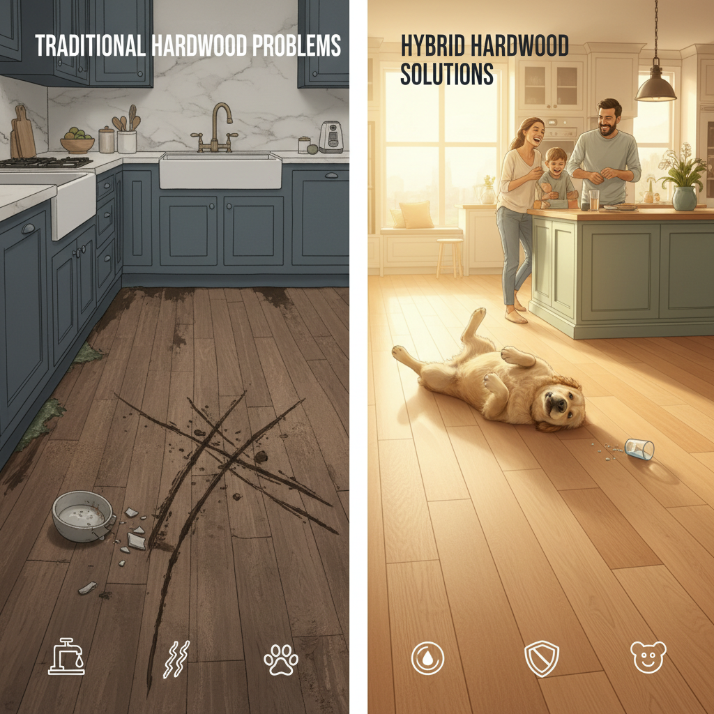 A dynamic split-panel illustration comparing traditional kitchen flooring problems with hybrid hardwood solutions. Left panel: a distressed traditional hardwood kitchen floor showing signs of water damage (cupping, warping), deep scratches from pet claws, and a subtle hint of mold near a leaking sink. Right panel: a pristine, elegant hybrid hardwood kitchen floor, resistant to spills, scratches, and moisture, with a happy family or pet enjoying the space.