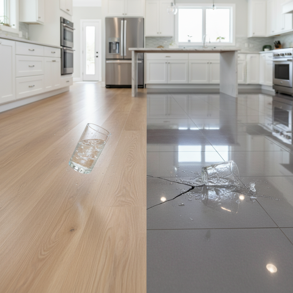 A photorealistic image of a modern kitchen floor, split down the middle. One half features elegant, wood-look Luxury Vinyl Planks (LVP), showing a comfortable, slightly cushioned surface. The other half features sleek porcelain tile, appearing hard and durable. A dropped glass is shown shattered on the tile side, while on the LVP side, a similar glass is intact or bouncing, subtly illustrating ergonomic comfort and impact resistance. The kitchen is bright and contemporary.
