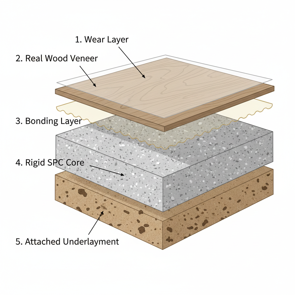 A clear, detailed cross-section diagram of a hybrid hardwood flooring plank. Label the five distinct layers: 1. Wear Layer (transparent, top), 2. Real Wood Veneer (thin, natural wood grain), 3. Bonding Layer (thin adhesive), 4. Rigid SPC Core (thick, dense, stone-like texture), 5. Attached Underlayment (bottom, foam/cork texture). Use a clean, technical illustration style with clear labels and a slight 3D effect to show depth.