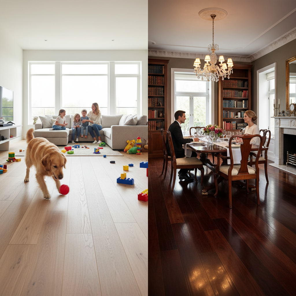 A split image illustrating two distinct home lifestyles and their ideal flooring. Left panel: A vibrant, modern living space with a durable hybrid hardwood floor. A large, playful dog is running, children's toys are scattered, and an active family is visible in the background. The floor appears resilient and scratch-resistant, handling high traffic effortlessly. Right panel: A serene, elegant, and formal dining room with a polished, classic solid hardwood floor, reflecting soft, warm light. A formal dining table is beautifully set, exuding prestige, timeless beauty, and a quiet ambiance. Style: Photorealistic, warm lighting, contrasting moods and activity levels.