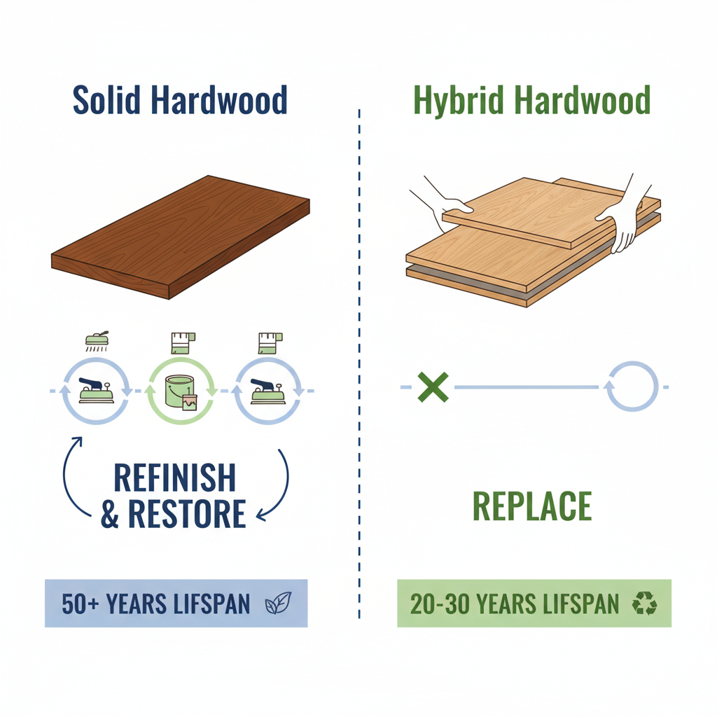 An infographic-style illustration contrasting the long-term maintenance and lifecycle of two flooring types. Left side (Solid Hardwood): A graphic showing a thick solid wood plank with multiple sanding machines, paint cans, and brushes arranged around it, indicating several cycles of refinishing and restoration over a long timeline (e.g., '50+ Years'). The plank looks renewed after each 'cycle'. Right side (Hybrid Hardwood): A graphic showing a thinner hybrid plank with a single 'replace' icon or a new plank being installed over an old one, suggesting a limited lifespan for refinishing and eventual replacement (e.g., '20-30 Years'). Style: Clean, illustrative, infographic, with clear visual metaphors for longevity, maintenance, and replacement.