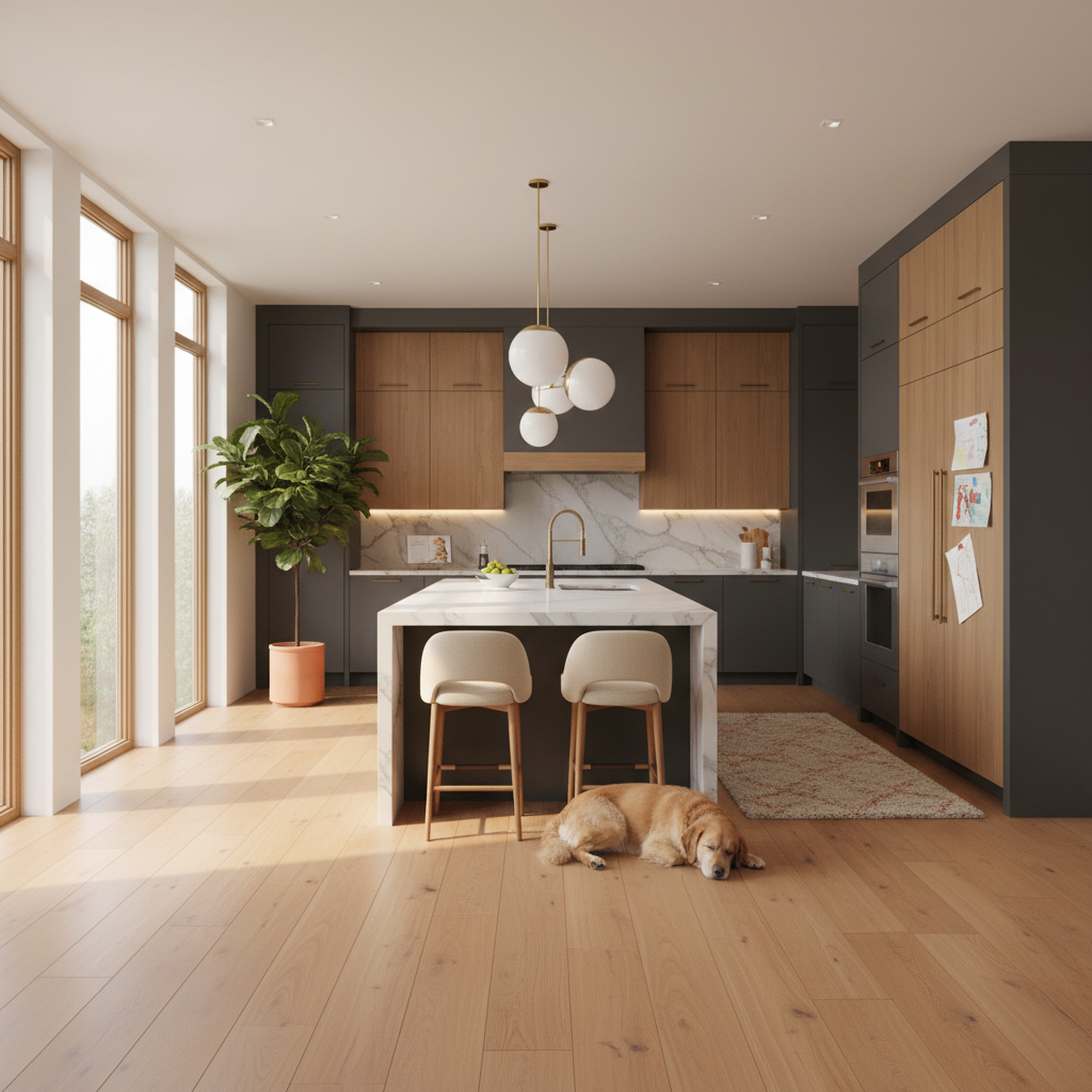 A wide, inviting shot of a modern, luxurious kitchen featuring beautiful, warm-toned Bravewood hybrid hardwood floors. The kitchen should have sleek cabinetry, ample natural light, and perhaps a subtle element suggesting comfort or family life (e.g., a cozy rug, a pet lounging). The floor should appear seamless, elegant, and provide a sense of warmth and sophistication.