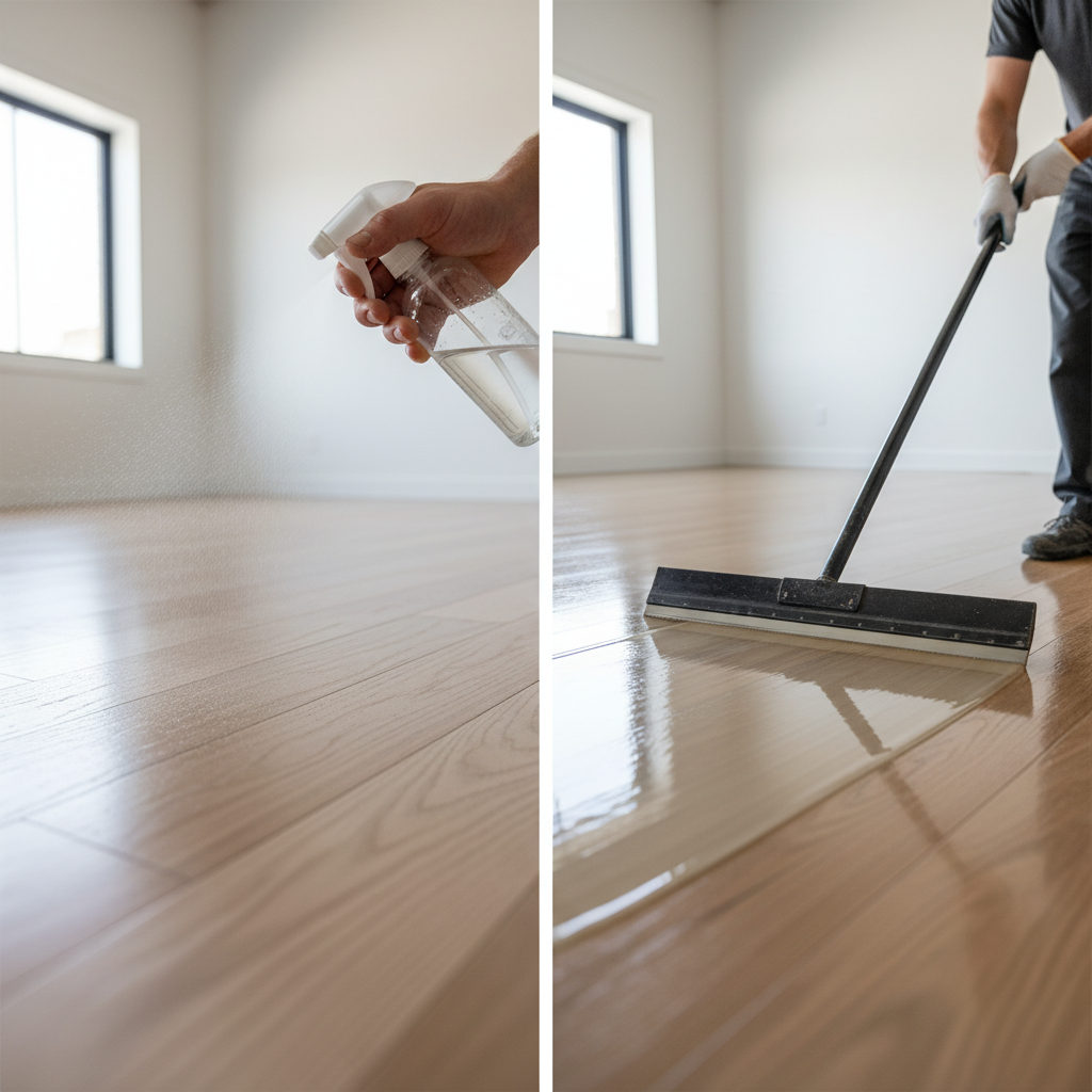 A two-panel or split-view image illustrating advanced hardwood finishing techniques. Left panel: a close-up of a hand lightly and evenly misting a sanded Bravewood hybrid hardwood surface with a spray bottle, showing the wood grain 'popping' open to receive stain. Right panel: a professional using a 'T-bar snowplow' applicator to evenly spread a line of polyurethane across a section of the floor, creating a smooth, wet edge and a glass-like, flawless finish. Both panels should convey precision and expertise in a well-lit, clean environment. Style: photorealistic, clean, focused on the hands and tools.