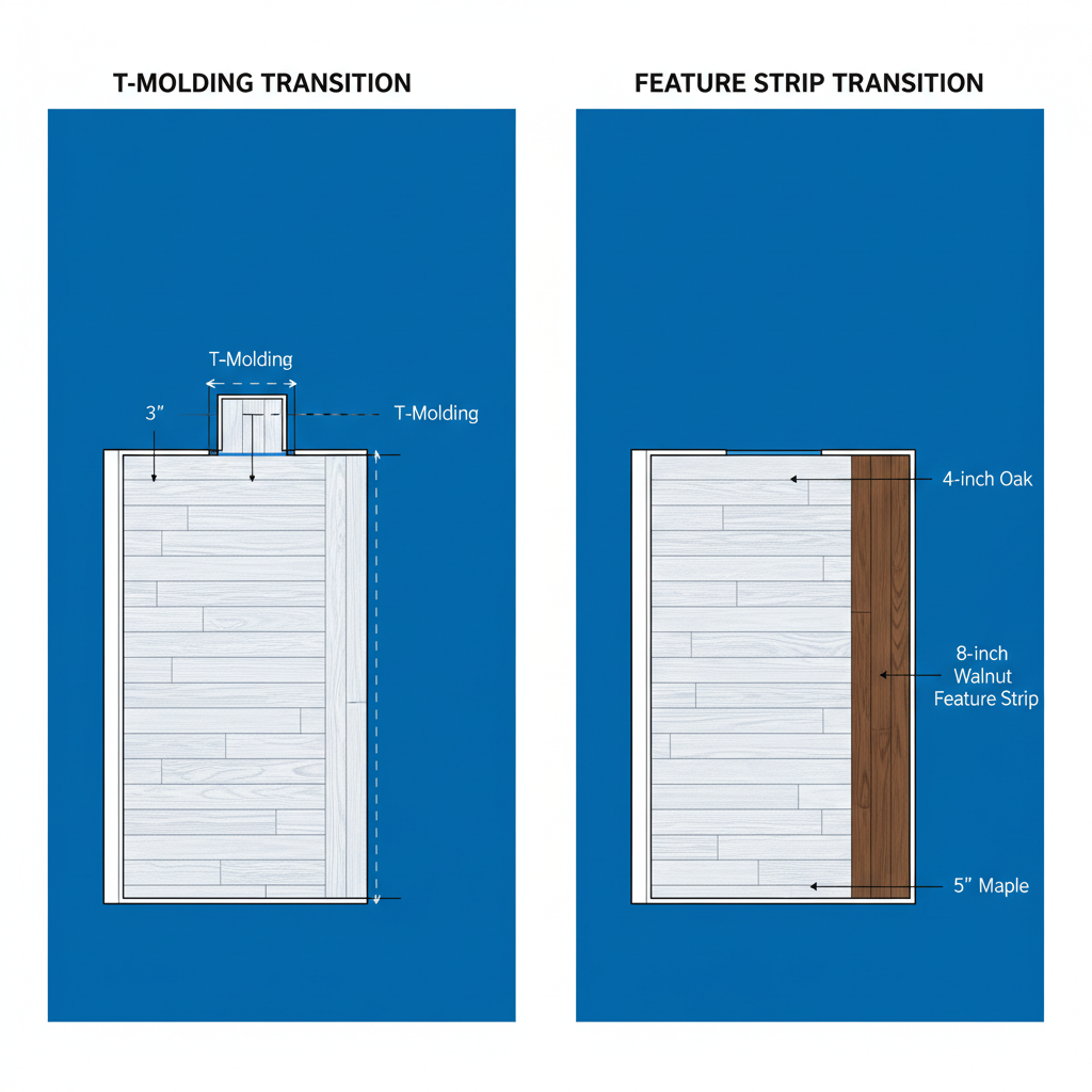 A technical illustration showing two hardwood flooring transition techniques: a T-molding used in a doorway to separate different plank widths, and a feature strip laid perpendicular in an open area.