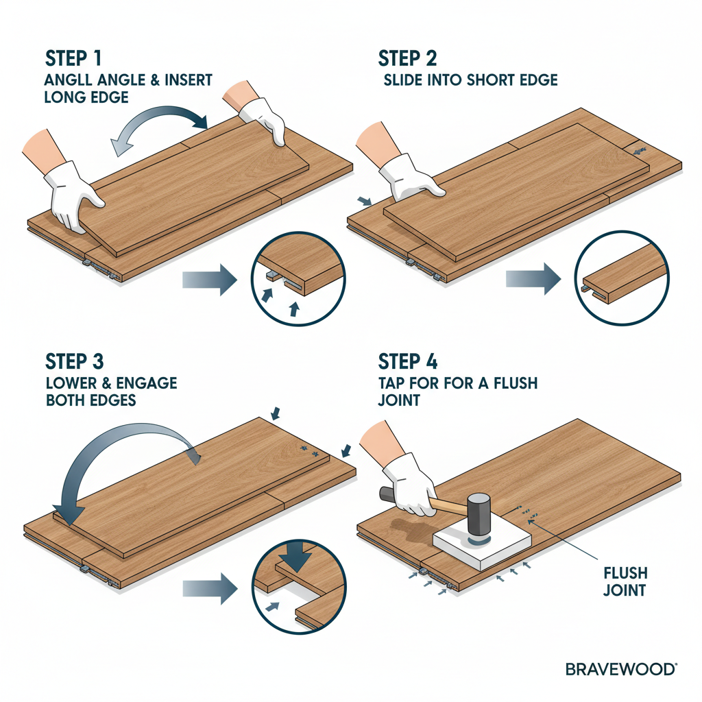A multi-step diagram demonstrating the Angle/Angle click-lock installation method for Bravewood hybrid hardwood, showing how to engage long and short edges and tap for a flush joint.