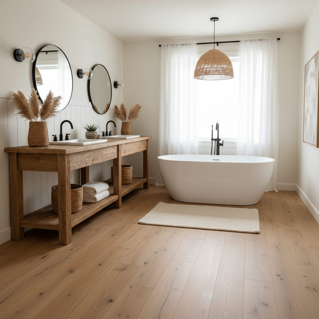 An inviting modern farmhouse master bathroom featuring wide-plank, light oak Bravewood hybrid hardwood flooring, a freestanding tub, rustic vanity, and matte black fixtures.