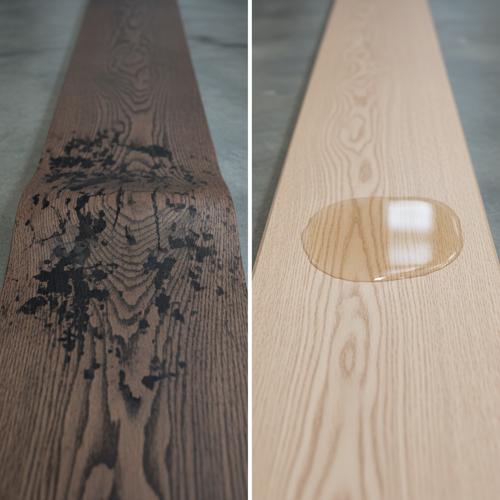 A split image or diptych illustrating moisture damage. Left panel: A photorealistic depiction of a solid hardwood floor plank showing distinct signs of severe cupping (edges raised higher than the center) and crowning (center swelled higher than the edges), with visible water stains and discoloration, indicating irreversible moisture damage. Right panel: A photorealistic depiction of a hybrid hardwood floor plank in a similar scenario, appearing mostly flat and stable, perhaps with a small, contained puddle on its surface that hasn't penetrated the core, highlighting its superior moisture resistance. The contrast should be stark.