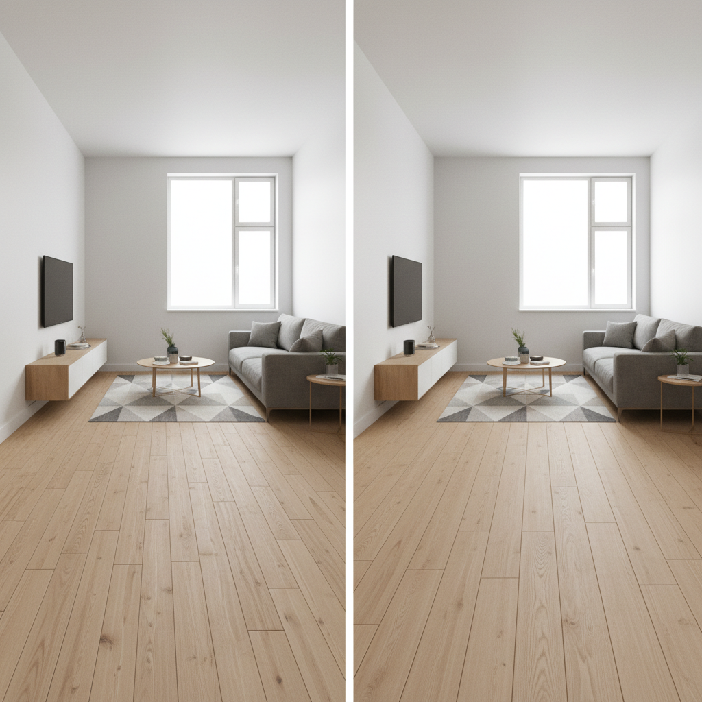 A split-screen architectural rendering comparing a small room with narrow planks (visually cluttered) and the same room with wide planks (visually expansive).