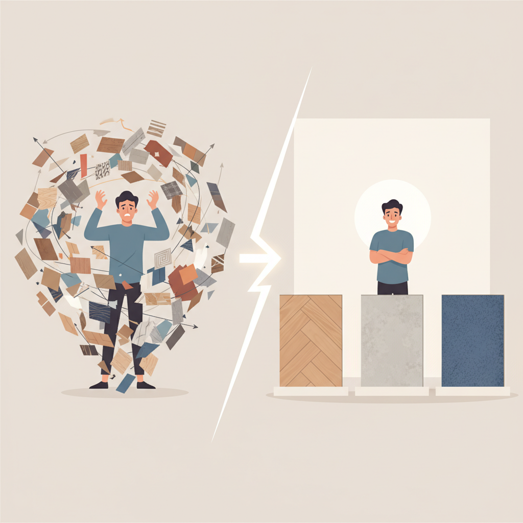 A dynamic, split-panel illustration. The left panel shows a person overwhelmed by a chaotic swirl of dozens of flooring samples, their face expressing frustration and decision fatigue. The right panel shows the same person, now confident and calm, standing before a clear, organized selection of only three distinct flooring samples, symbolizing clarity and the successful elimination of bad choices.