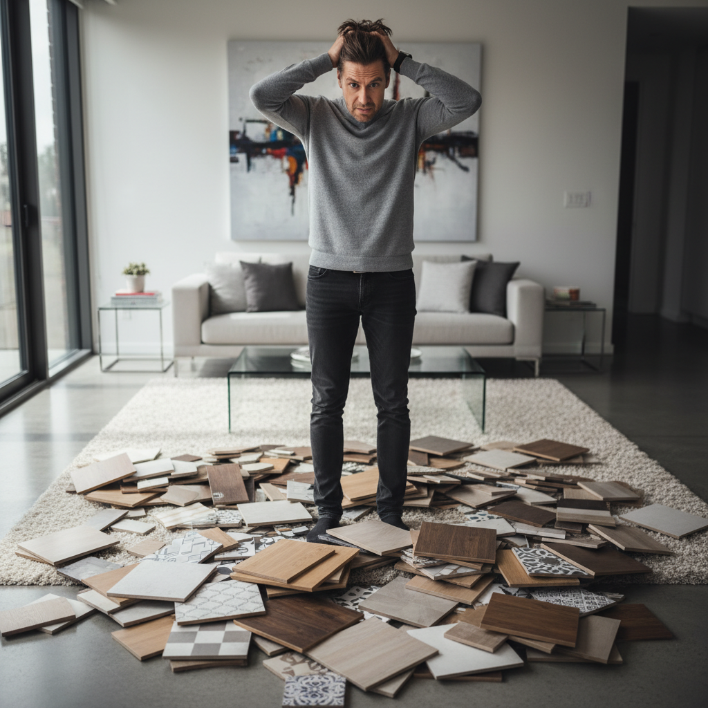 A person looking overwhelmed by too many flooring samples, illustrating decision paralysis.