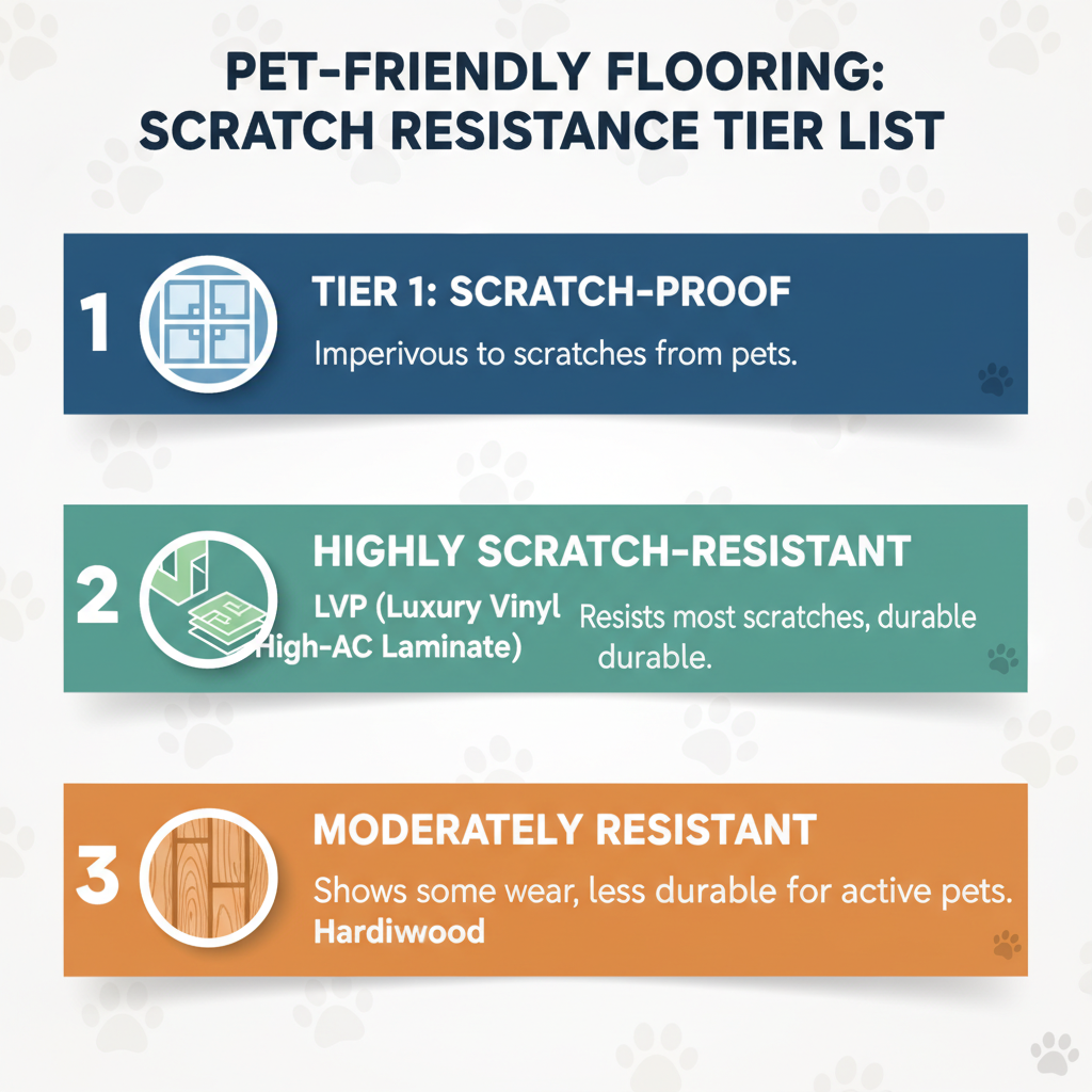 An infographic 'Scratch Resistance Tier List' for pet-friendly flooring, categorizing materials into Scratch-Proof (Porcelain Tile), Highly Scratch-Resistant (LVP, High-AC Laminate), and Moderately Resistant (Densified Wood, Hardwood).