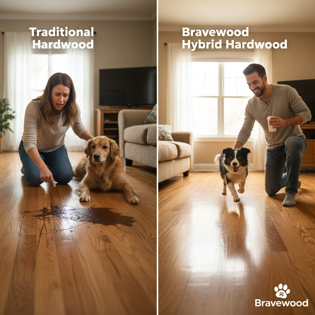 A split-screen image illustrating the contrast between traditional hardwood and Bravewood Hybrid Hardwood in a pet-owning home. On the left, a traditional hardwood floor is visibly scratched, stained, and dull, with a frustrated pet owner looking down at it. On the right, a pristine, vibrant Bravewood Hybrid Hardwood floor is shown, with a happy, active dog playing on it and a smiling pet owner admiring the durable surface.