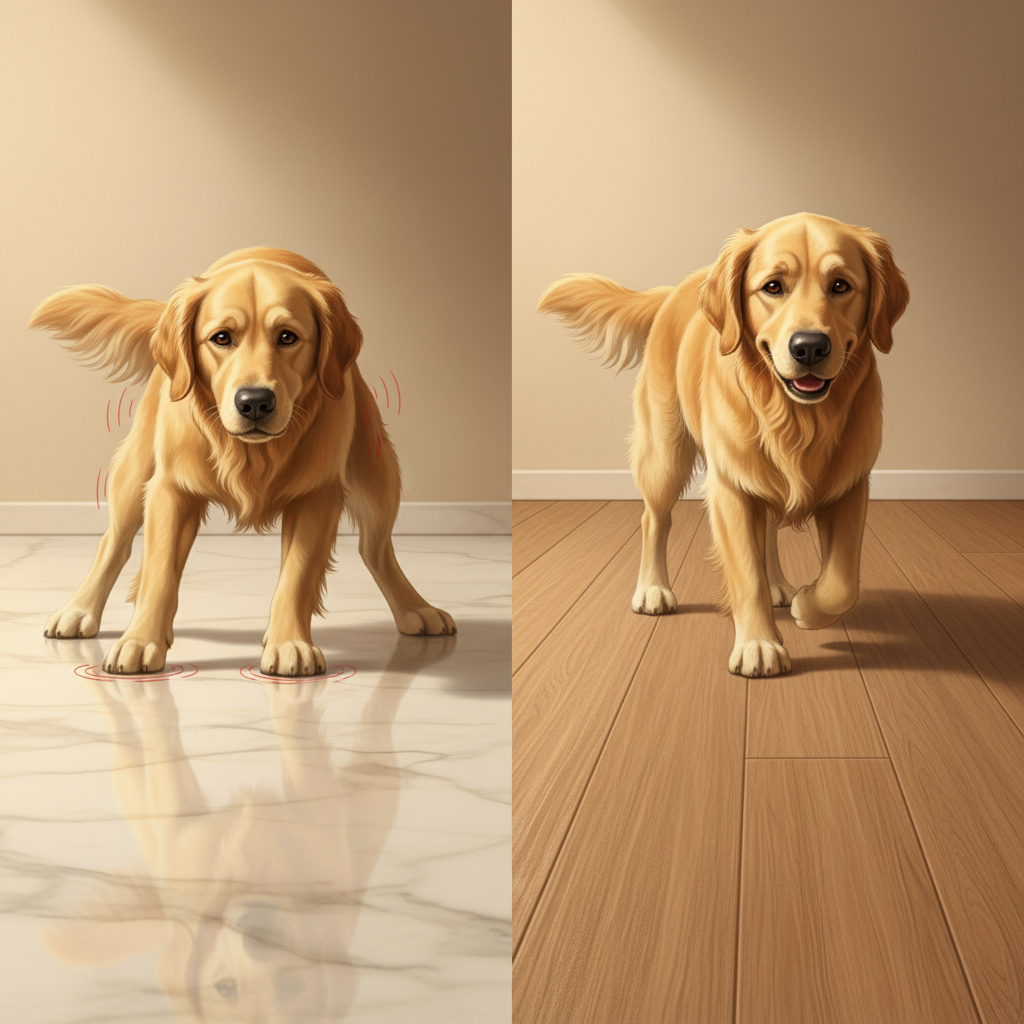 A split-panel illustration comparing pet traction on different floors. Left panel: A dog with splayed legs struggling for grip on a highly polished, slippery floor, looking stressed, with subtle visual cues of joint strain. Right panel: The same dog confidently and comfortably walking on a textured, wire-brushed matte finish floor, looking happy and stable.