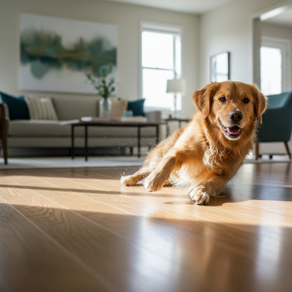 A playful dog running across a Bravewood hybrid hardwood floor, showcasing its unmarred, scratch-resistant surface despite the dog's claws.