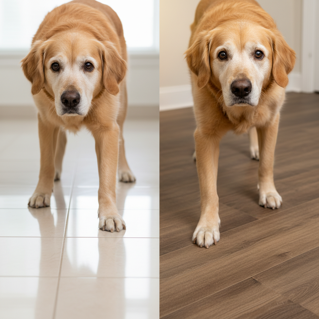 Split image showing a senior dog's paw slipping on glossy tile versus gripping firmly on textured hybrid hardwood, illustrating the difference in traction.