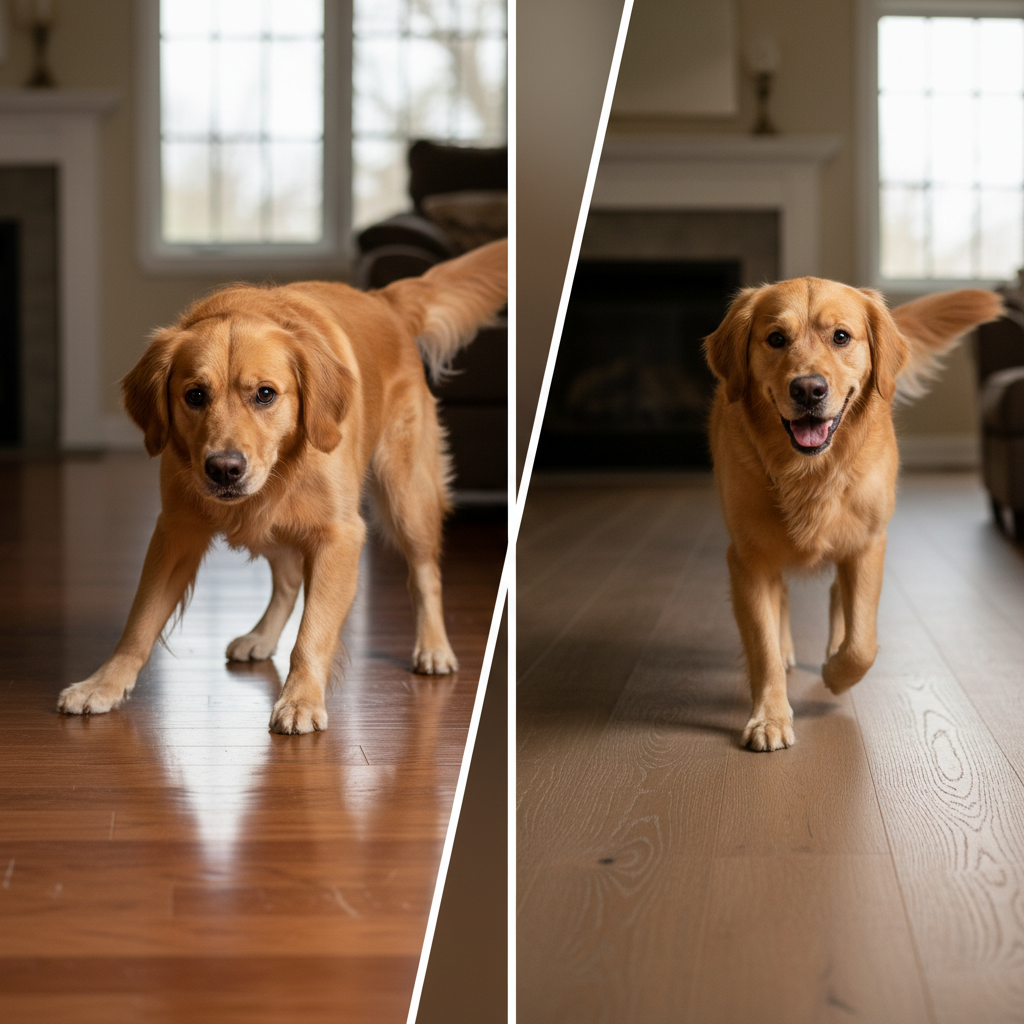 A dog struggling for grip on a shiny traditional floor (left) versus confidently walking on a textured Bravewood hybrid hardwood floor (right), illustrating improved traction and joint health.