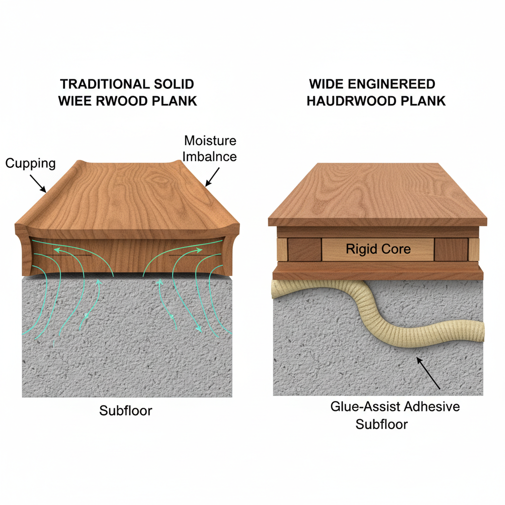 A detailed cross-section diagram comparing a cupped traditional solid wide wood plank with a stable, engineered hybrid hardwood plank using glue-assist adhesive.