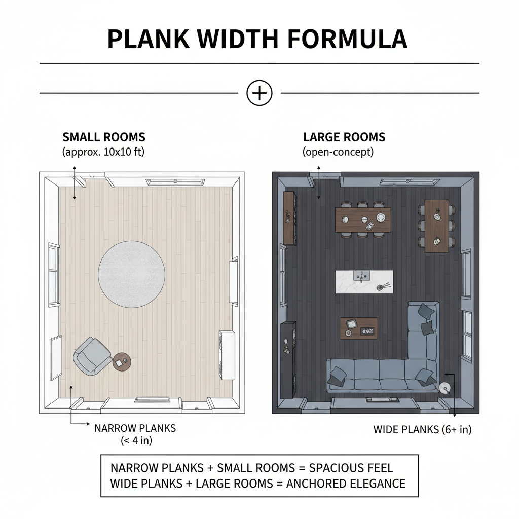 An infographic-style illustration demonstrating the 'Plank Width Formula' for flooring. The image is split into two main sections. Left section: A small, cozy room (approx. 10x10 ft) with narrow hardwood planks (under 4 inches wide) laid out, looking spacious and well-proportioned. Right section: A large, open-concept living space with wide hardwood planks (6+ inches wide) that anchor the room, looking elegant and expansive. Include subtle architectural lines and a sense of scale. Style: clean, minimalist, top-down perspective, with clear visual distinction between plank sizes and room types.