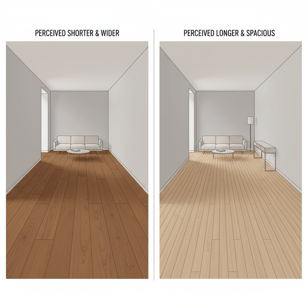A split illustration showing how wide planks running horizontally in a narrow room make it feel shorter and wider, while narrower planks running parallel to the longest wall make the same room feel longer and more spacious.