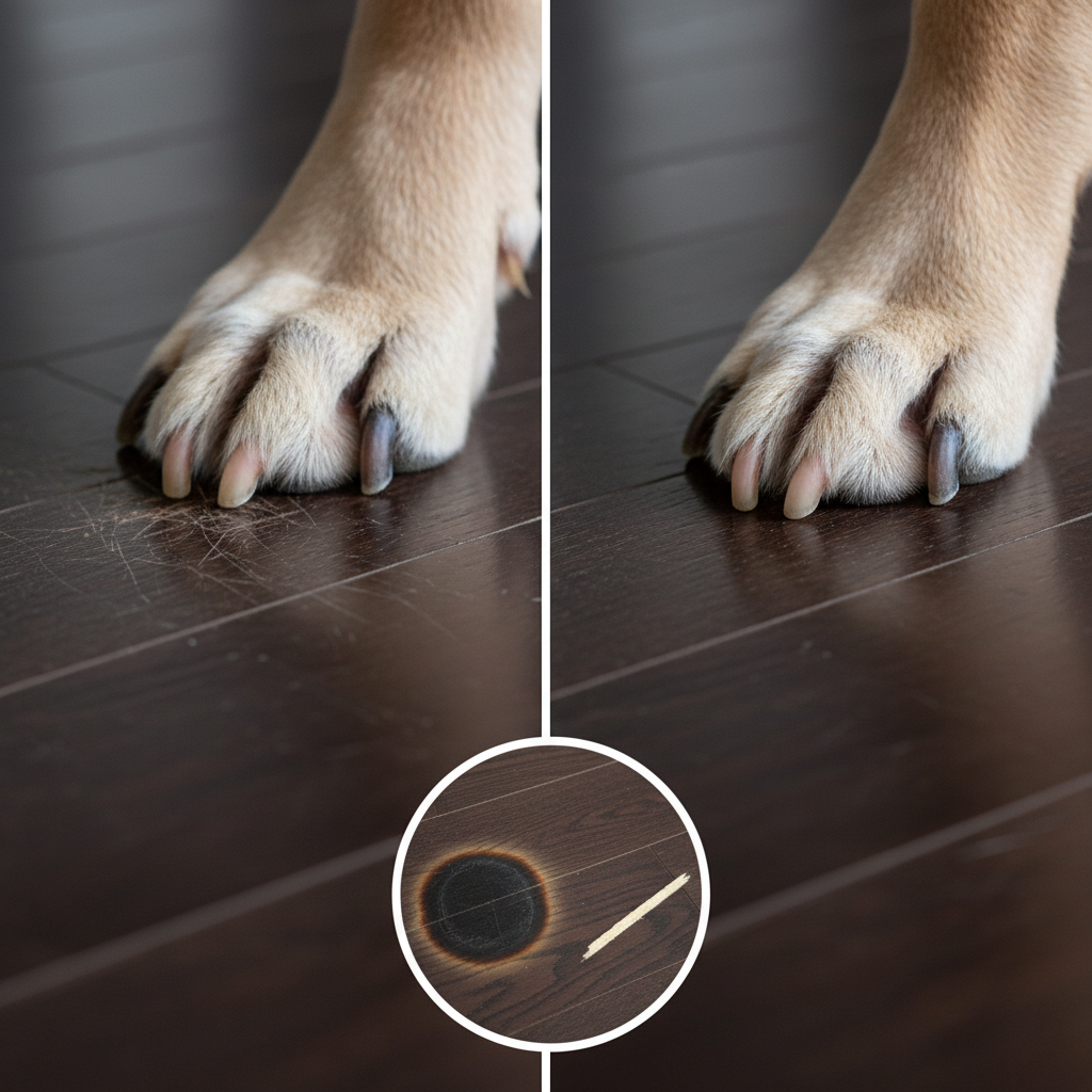 A two-part image focusing on pet prevention and damage. Left side: A close-up of a dog's paw with overgrown, sharp nails, clearly showing them clicking and causing visible micro-scratches on a floor surface. Right side: A close-up of a dog's paw with properly trimmed and smoothed nails (using a rotary grinder), resting gently on the floor without causing damage. Below this, a small inset showing a dark, circular chemical burn stain on a wood floor, representing a severe pet urine stain, contrasted with a lighter, superficial scuff mark that can be easily repaired. Style: realistic, high-detail photography for all elements.
