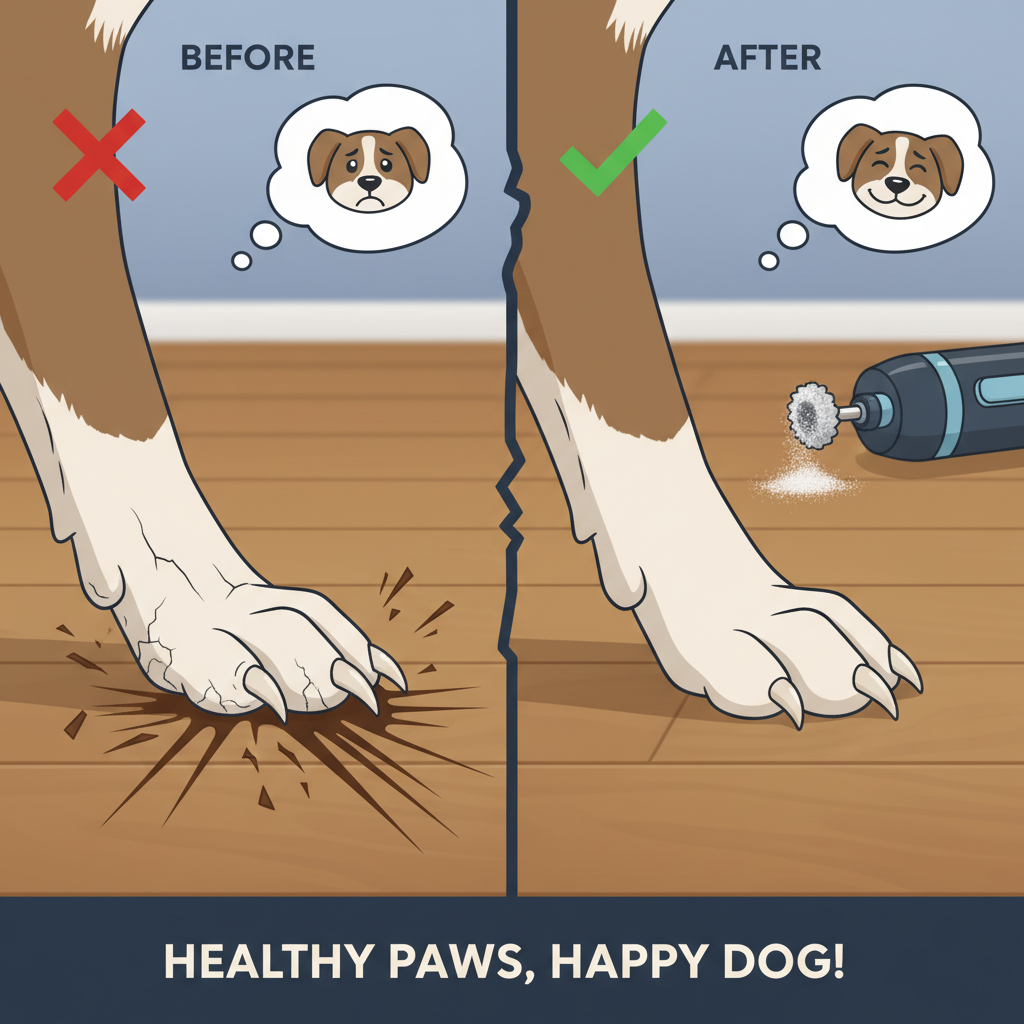 A split illustration focusing on a dog's paw and nail care. On the left, a dog's paw with overgrown, sharp nails, showing them scratching a wooden floor. On the right, the same paw with neatly trimmed and rounded nails (perhaps with a Dremel tool subtly in the background or foreground), showing them resting gently on a floor without causing damage. Style: clear, educational, slightly cartoonish but realistic enough to convey the message effectively.
