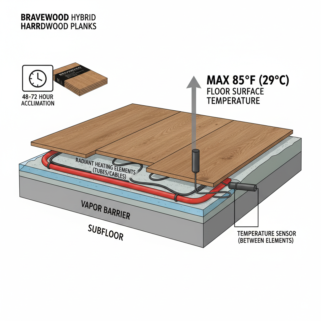Infographic showing Bravewood hybrid hardwood installation over radiant heat: subfloor, vapor barrier, heating elements, Bravewood planks. Highlights correct temperature sensor placement and 85°F max surface temperature, plus 48-72 hour acclimation.