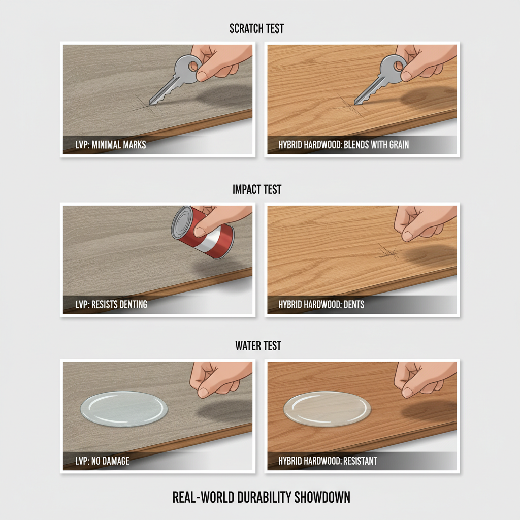 A dynamic, multi-panel illustration showcasing real-world durability tests on two types of flooring. Panel 1: A metal key scratching across a high-durability LVP plank (showing minimal surface marks) and a Hybrid Hardwood plank (showing a light score that blends into the wood grain). Panel 2: A heavy canned good dropping onto both an LVP plank and a Hybrid Hardwood plank, demonstrating impact resistance and denting. Panel 3: A puddle of water sitting on both types of planks, showing no immediate damage.