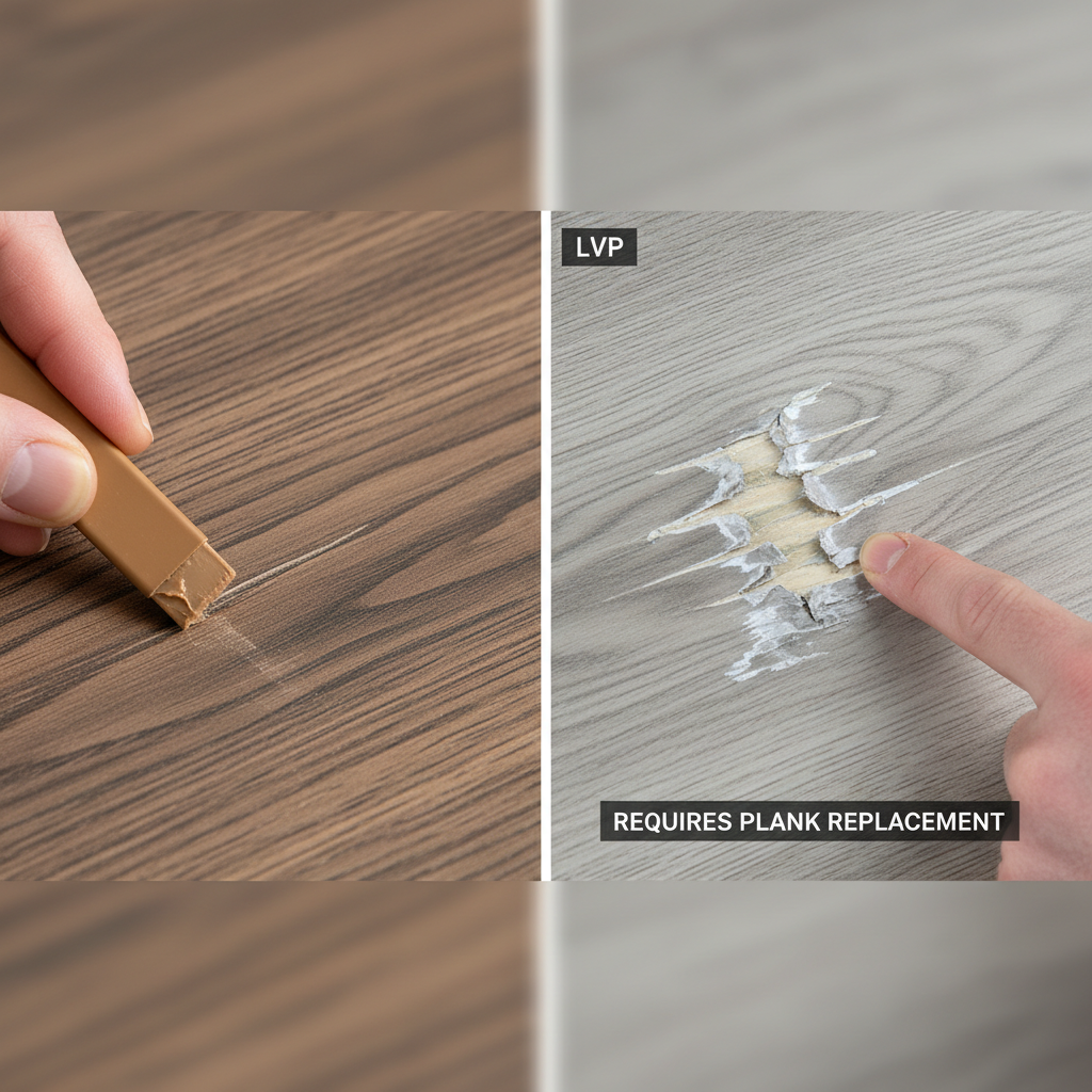 A split-screen image illustrating the repairability of flooring damage. Left panel: A close-up of a Hybrid Hardwood plank with a minor scratch, being effectively repaired and blended using a color-matched wood putty or wax stick, showing the scratch disappearing into the natural wood grain. Right panel: A close-up of an LVP plank with a deep gouge that has penetrated the wear layer and torn the photographic print, clearly showing that it cannot be repaired and would require plank replacement.