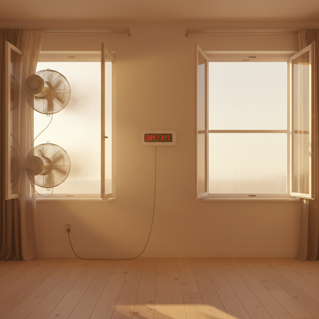 An interior scene showing a room undergoing a 'bake out' with open windows and exhaust fans for cross-ventilation.
