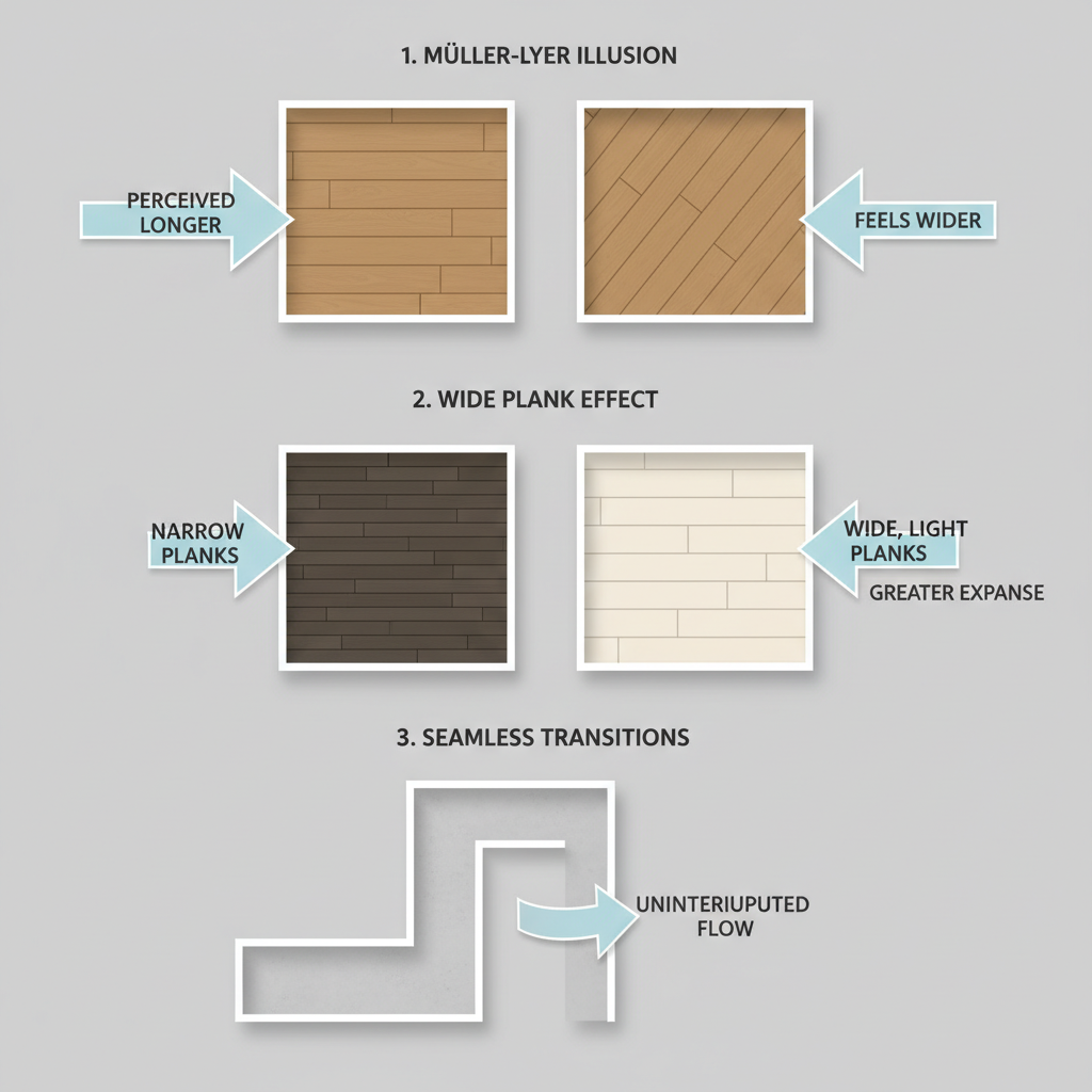 Infographic demonstrating visual room expansion techniques: Müller-Lyer illusion for plank direction, comparison of narrow vs. wide planks, and seamless flooring transitions between rooms.