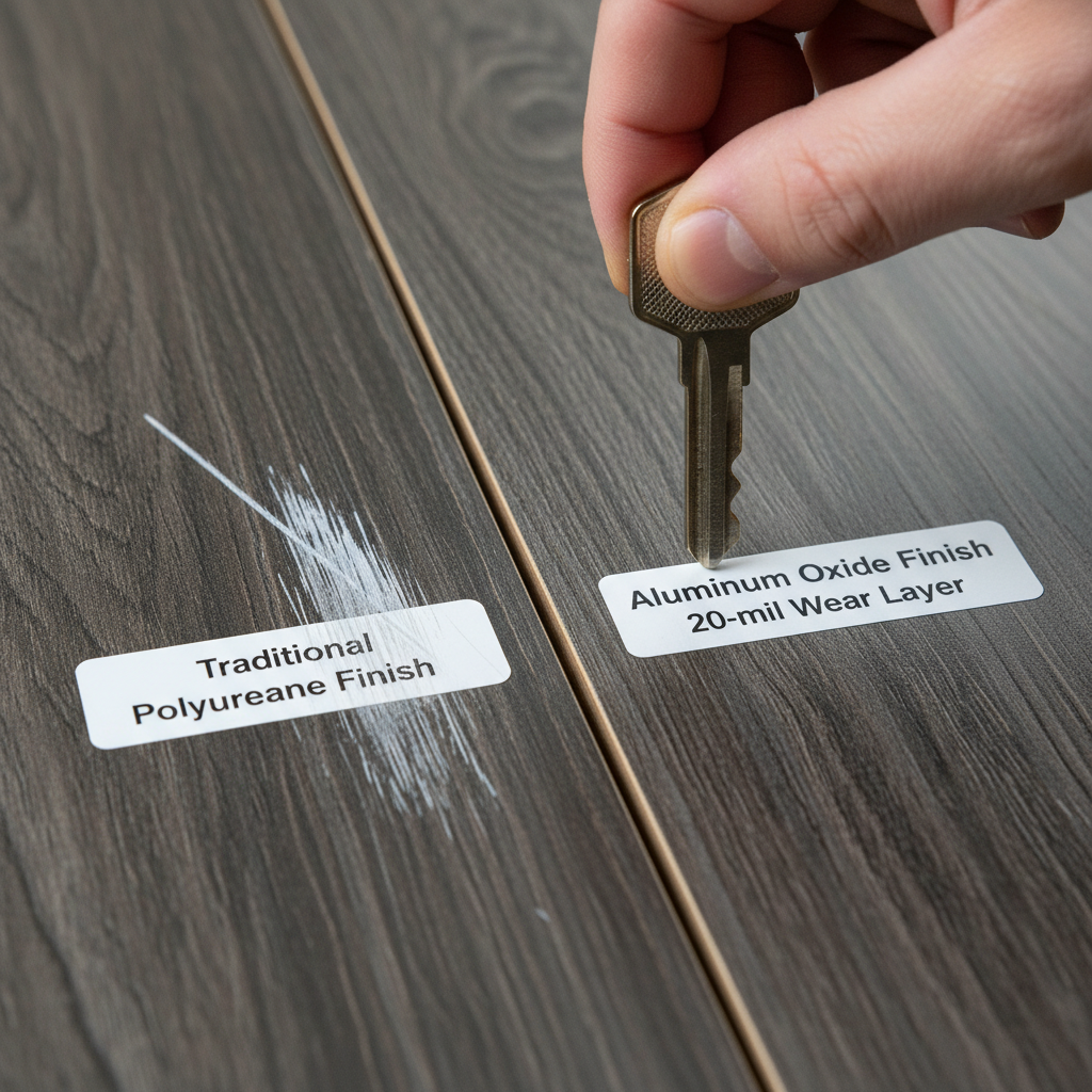 Side-by-side comparison of a scratch test: a key leaves a visible mark on traditional polyurethane, but no mark on aluminum oxide finished flooring.