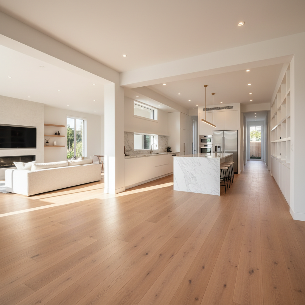 A wide-angle interior shot of a modern, open-concept home with Bravewood hybrid hardwood flooring flowing seamlessly through living room, kitchen, and hallway without transition strips.