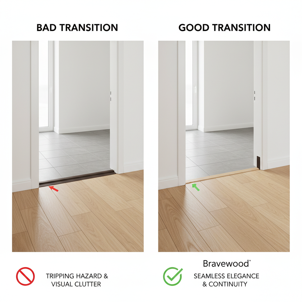 A side-by-side comparison illustrating good vs. bad flooring transitions in an open-concept home. Left panel: a poorly executed transition with a visible, raised T-molding between two rooms, creating a tripping hazard and visual break. Right panel: a perfectly seamless, flush-mount transition where the Bravewood hybrid hardwood flows continuously under an undercut door jamb, creating an elegant, uninterrupted visual line. The setting should be a bright, modern doorway. Style: clean, architectural illustration, clearly highlighting the difference.